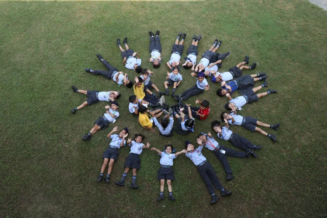 Children forming a circle on the lawn